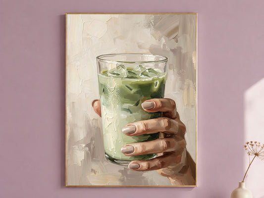 Matcha Latte Wall Art, Impasto Oil Painting Print - Digital Download