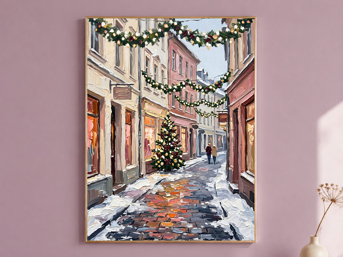 Christmas Street Painting Print, Snowy European Village with Garlands and Christmas Tree, Cozy Holiday Wall Art, Printable Digital Download