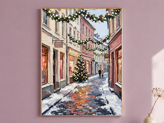 Christmas Street Painting Print, Snowy European Village with Garlands and Christmas Tree, Cozy Holiday Wall Art, Printable Digital Download