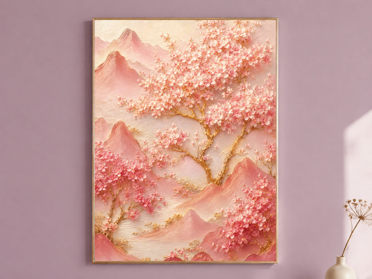 Pink cherry blossom mountain landscape wall art print in a thin gold frame on a mauve wall, monochrome blush painting with gold-veined tree, digital download