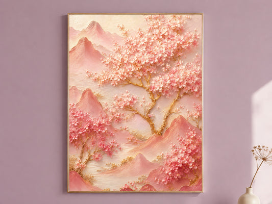 Pink cherry blossom mountain landscape wall art print in a thin gold frame on a mauve wall, monochrome blush painting with gold-veined tree, digital download