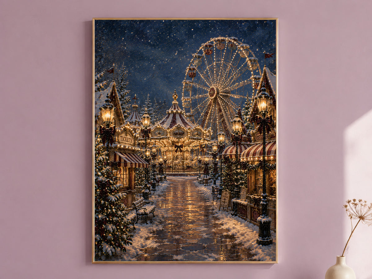 Christmas ferris wheel wall art print of a snowy carnival street framed in gold, hung on a dusty mauve wall