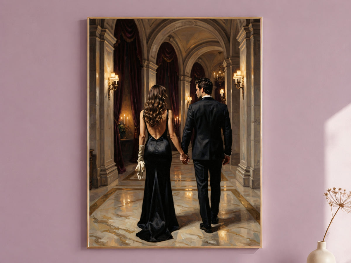 Dark Academia Couple Wall Art, Elegant Gala Hallway Oil Painting Print - Digital Download