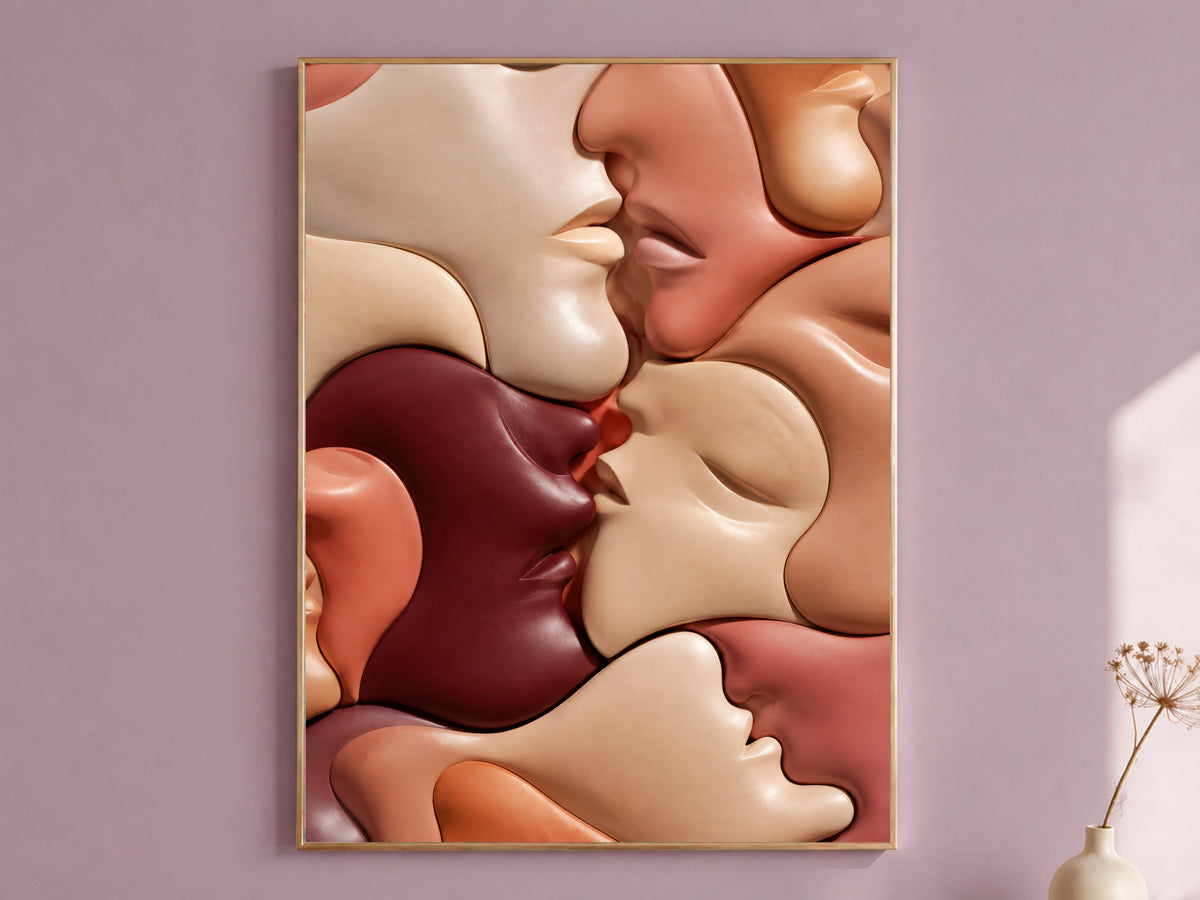 Abstract Kissing Faces Wall Art, Warm Terracotta Couple Print - Digital Download