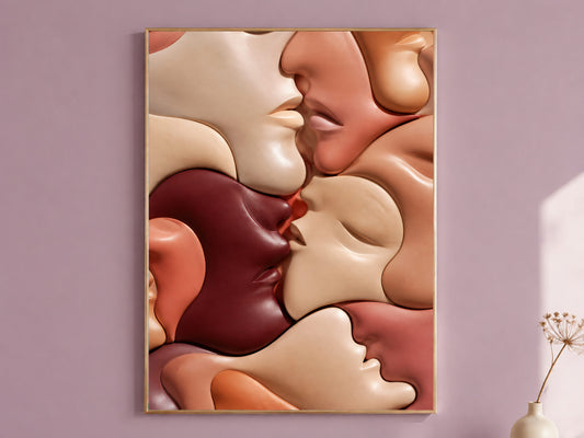 Abstract Kissing Faces Wall Art, Warm Terracotta Couple Print - Digital Download