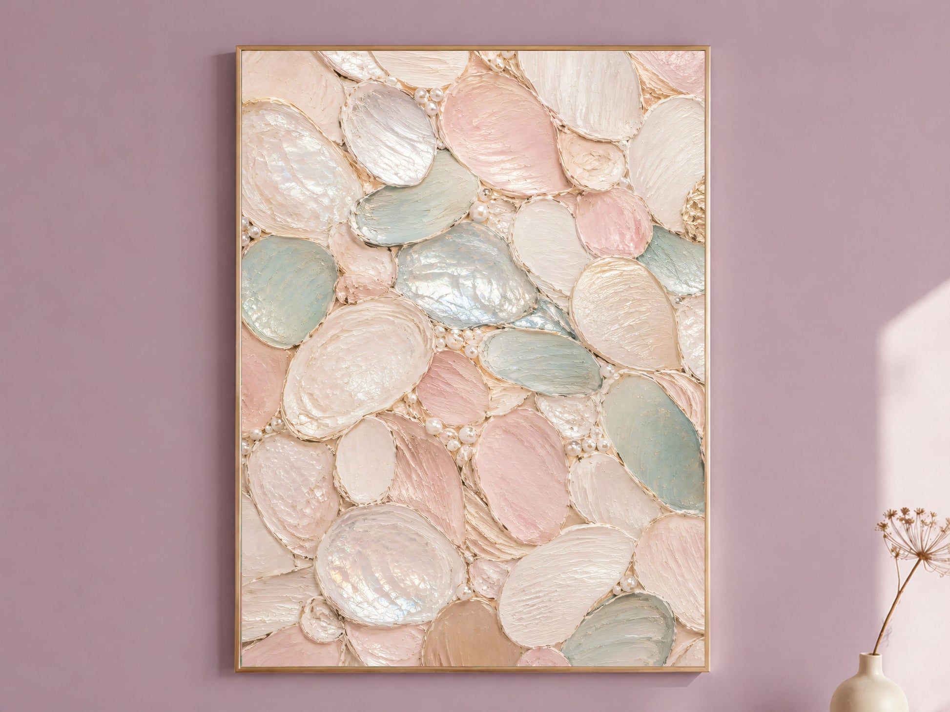 Sage green and blush pink oyster shell wall art in gold frame on mauve wall