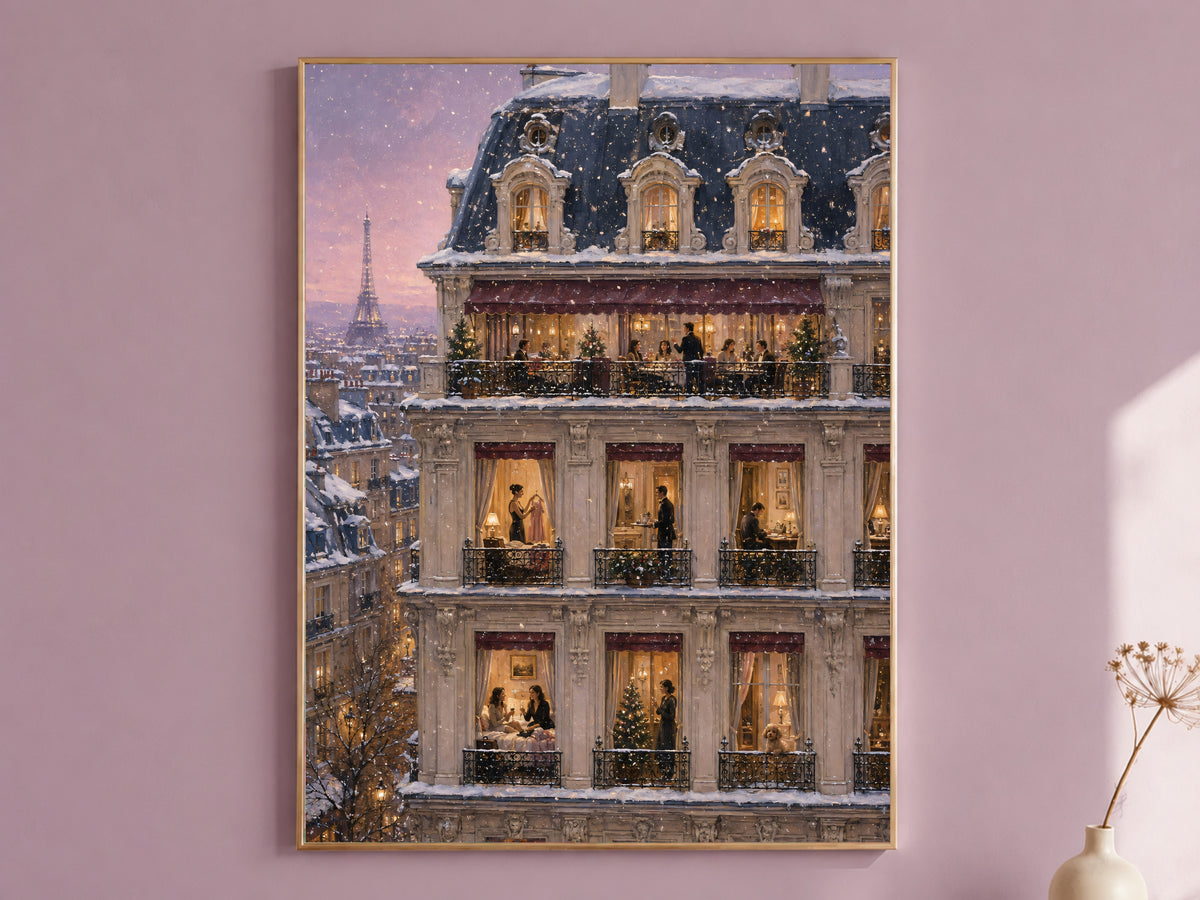 Framed Paris Christmas apartment painting on mauve wall, snowy holiday windows