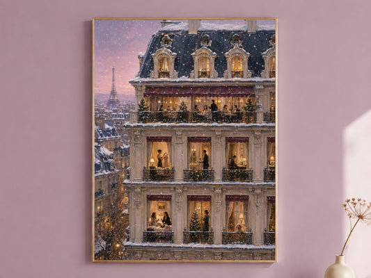 Framed Paris Christmas apartment painting on mauve wall, snowy holiday windows