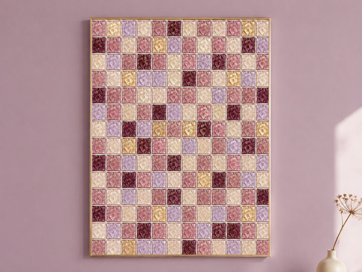 Rose lavender mosaic wall art print in a thin gold frame hanging on a mauve wall, styled with a small vase of dried flowers