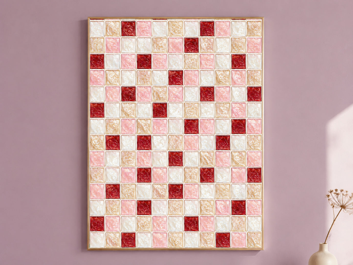 Framed coquette pink, red, and cream mosaic tile pattern wall art print hanging on a mauve wall