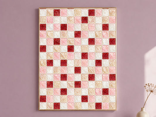 Framed coquette pink, red, and cream mosaic tile pattern wall art print hanging on a mauve wall