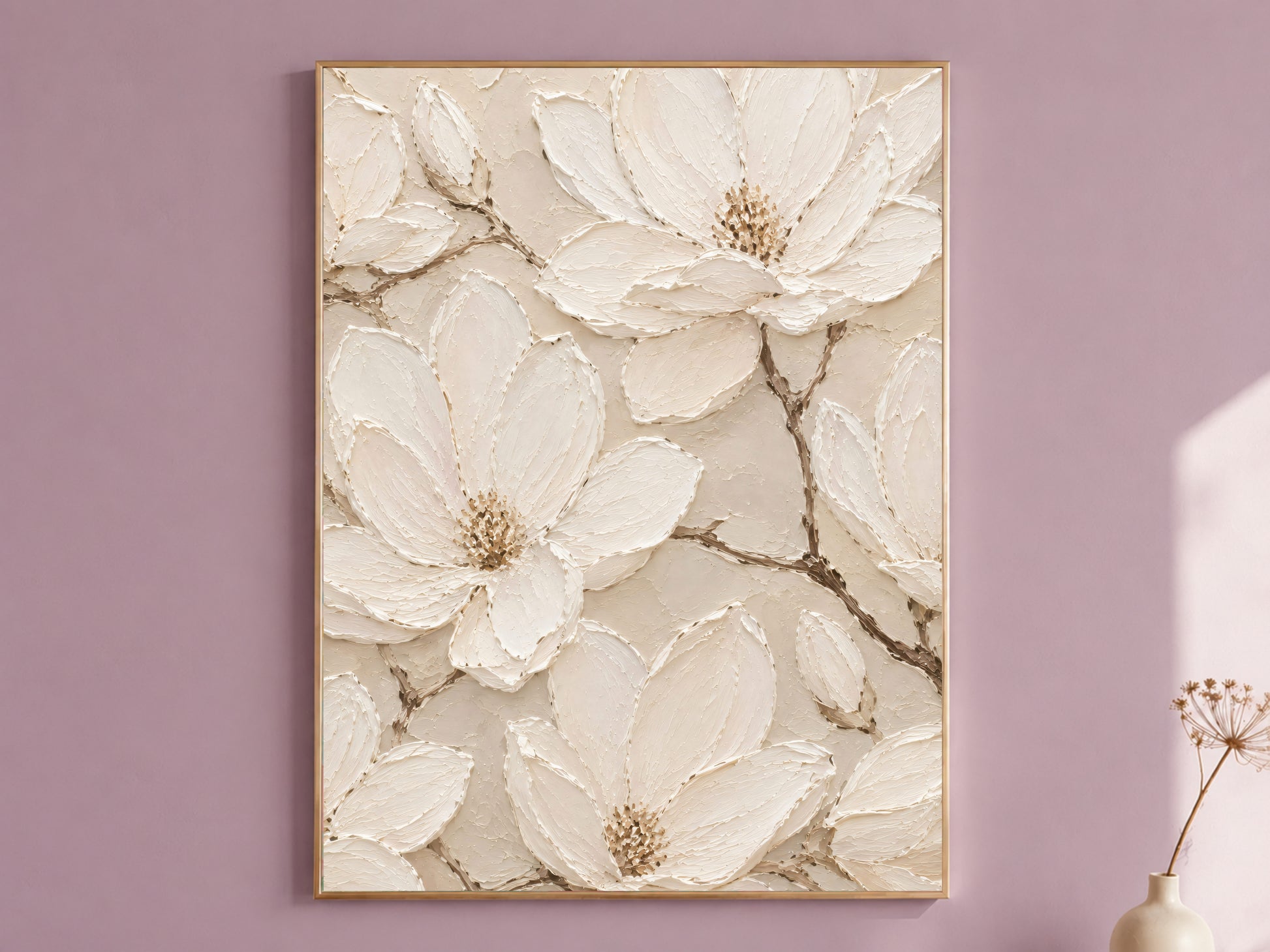Ivory magnolia wall art in gold frame on mauve wall, wabi-sabi floral print