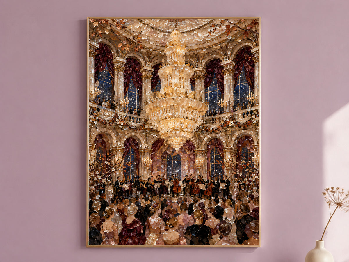 Opera aesthetic ballroom wall art print in a thin gold frame on a dusty mauve wall, styled with a small dried flower arrangement