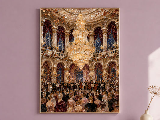 Opera aesthetic ballroom wall art print in a thin gold frame on a dusty mauve wall, styled with a small dried flower arrangement