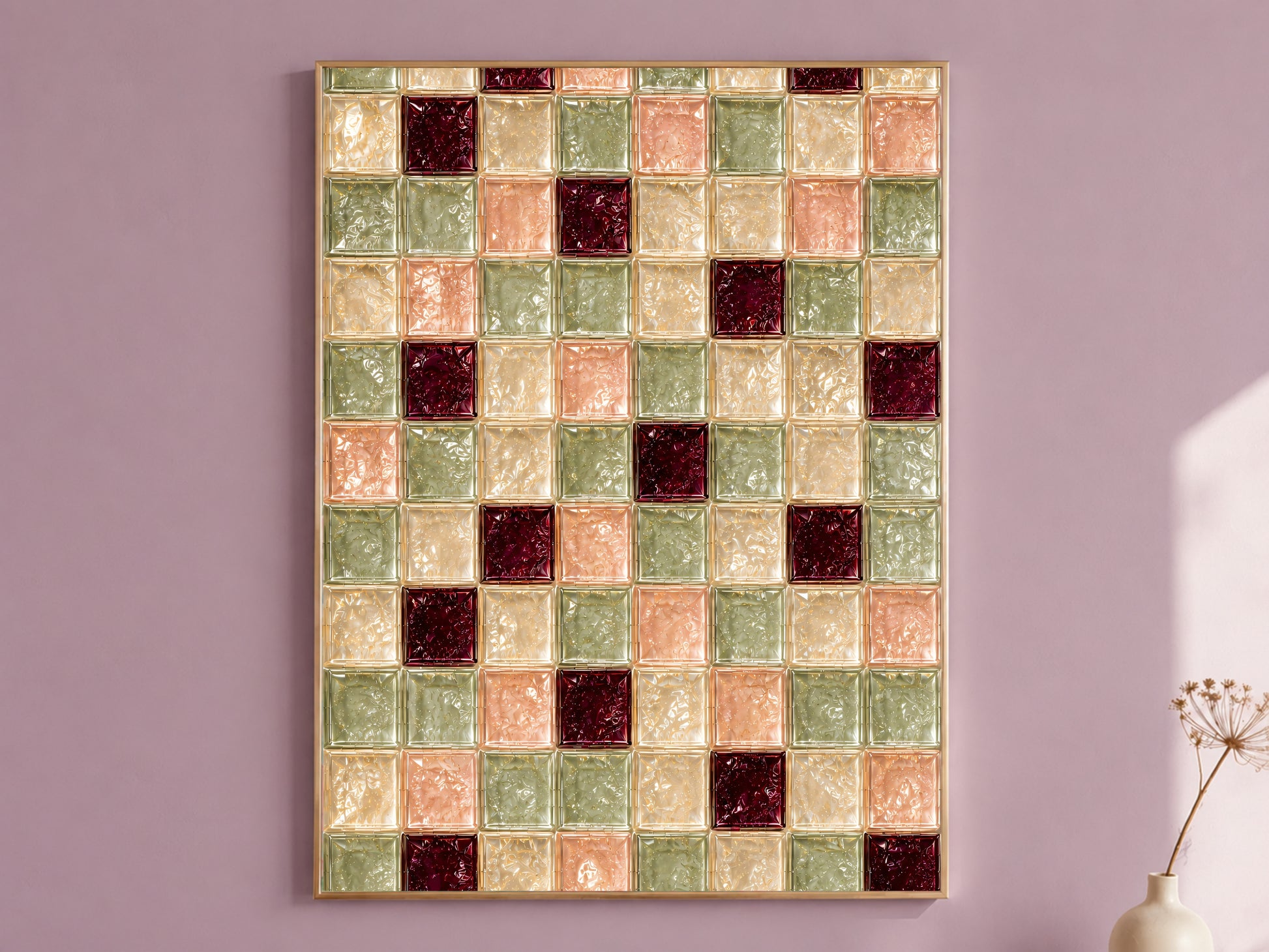 Sage green and peach glass tile wall art in a gold frame on a mauve wall