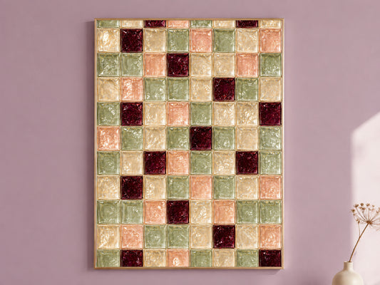 Sage green and peach glass tile wall art in a gold frame on a mauve wall