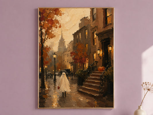 Brownstone Halloween art print in a thin gold frame on a mauve wall, ghost trick-or-treating past a stoop pumpkin, styled with a small vase of dried flowers