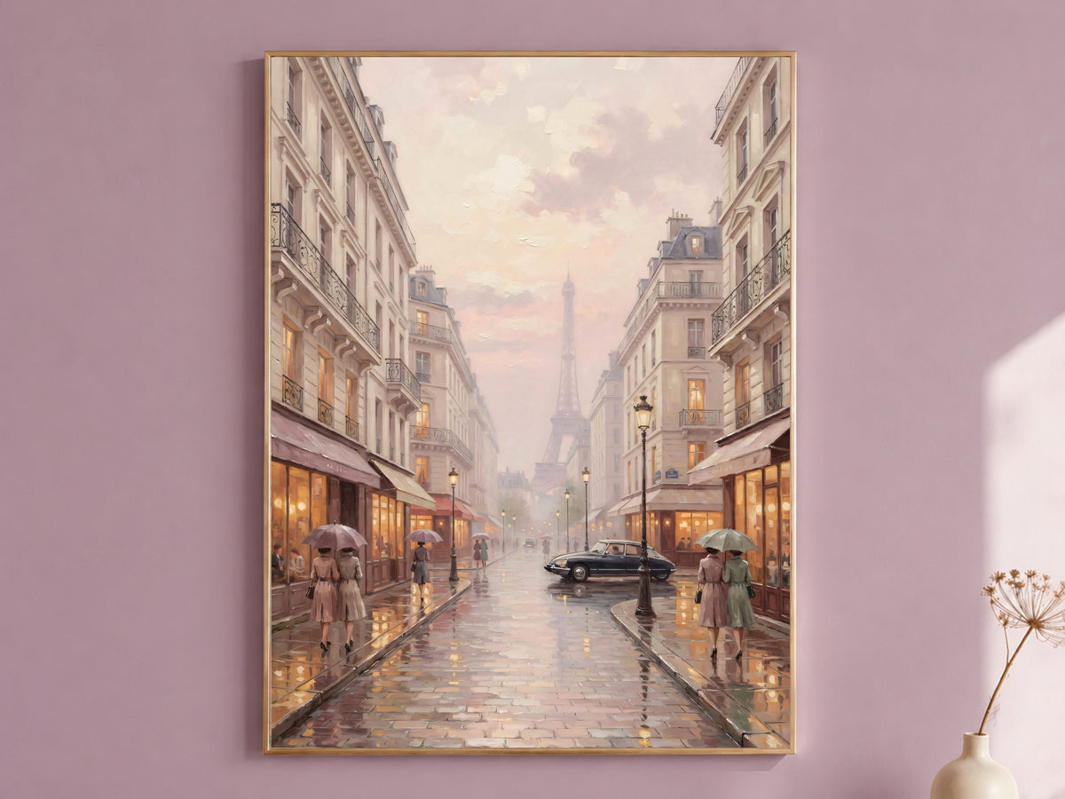 Rainy Paris Street Painting Print, Pastel Parisian Wall Art, Vintage French City Art, Printable Digital Download