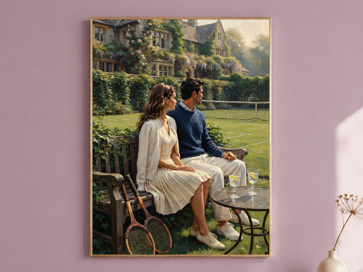 Old Money Tennis Couple Wall Art, Vintage English Countryside Oil Painting Print - Digital Download