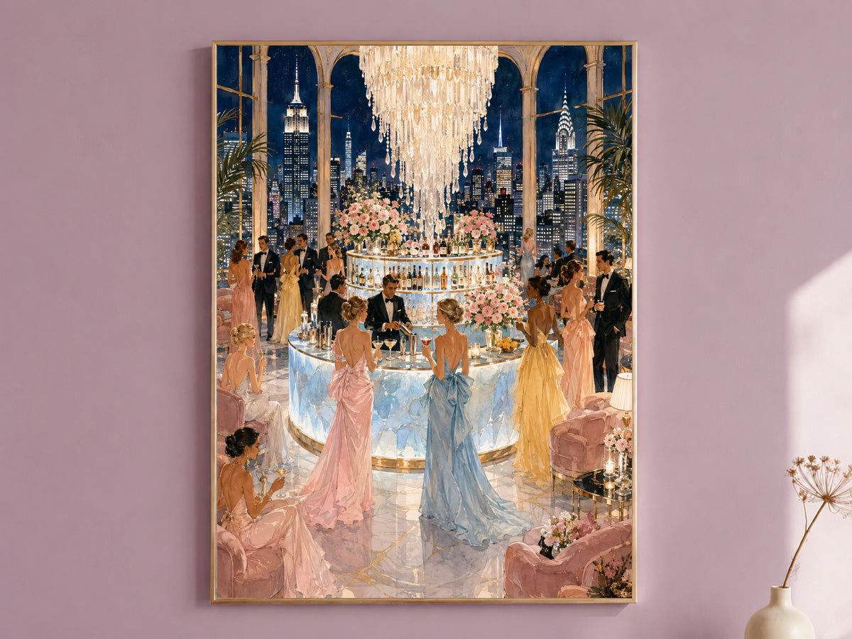 NYC Rooftop Bar Wall Art, Manhattan Skyline Cocktail Party Print - Digital Download