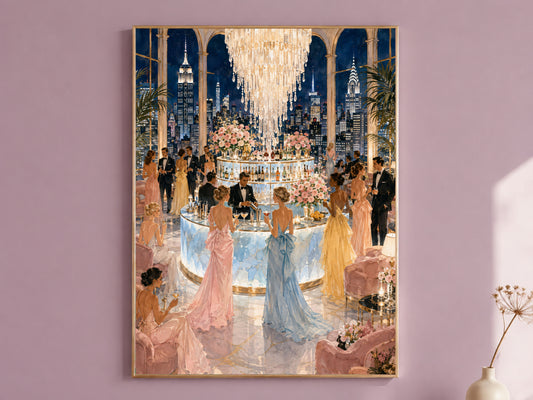 NYC Rooftop Bar Wall Art, Manhattan Skyline Cocktail Party Print - Digital Download