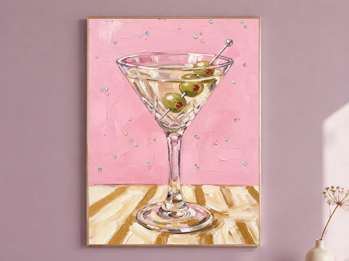 Martini Wall Art, Pink Cocktail Oil Painting Print - Digital Download