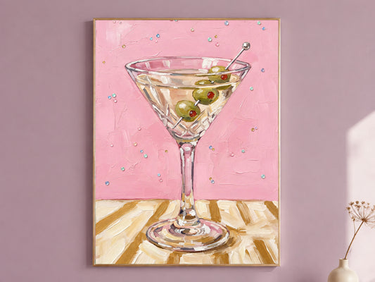 Martini Wall Art, Pink Cocktail Oil Painting Print - Digital Download