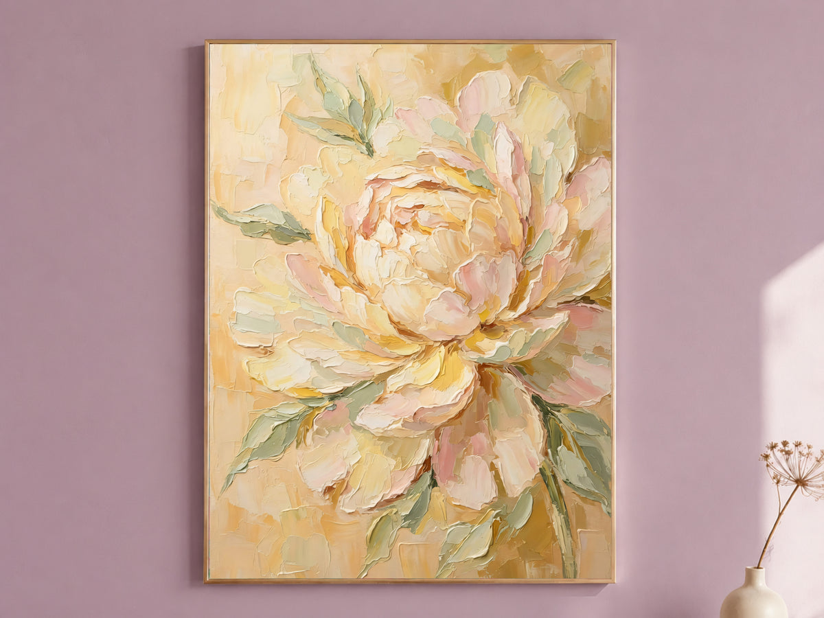 Butter Yellow Peony Wall Art, Blush Pink Impasto Floral Print - Digital Download