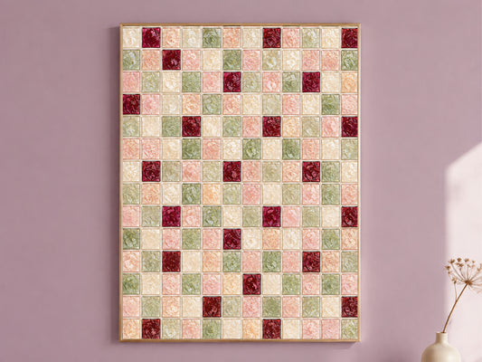 Sage green blush mosaic wall art print in a thin gold frame hanging on a mauve wall, styled with a small vase of dried flowers