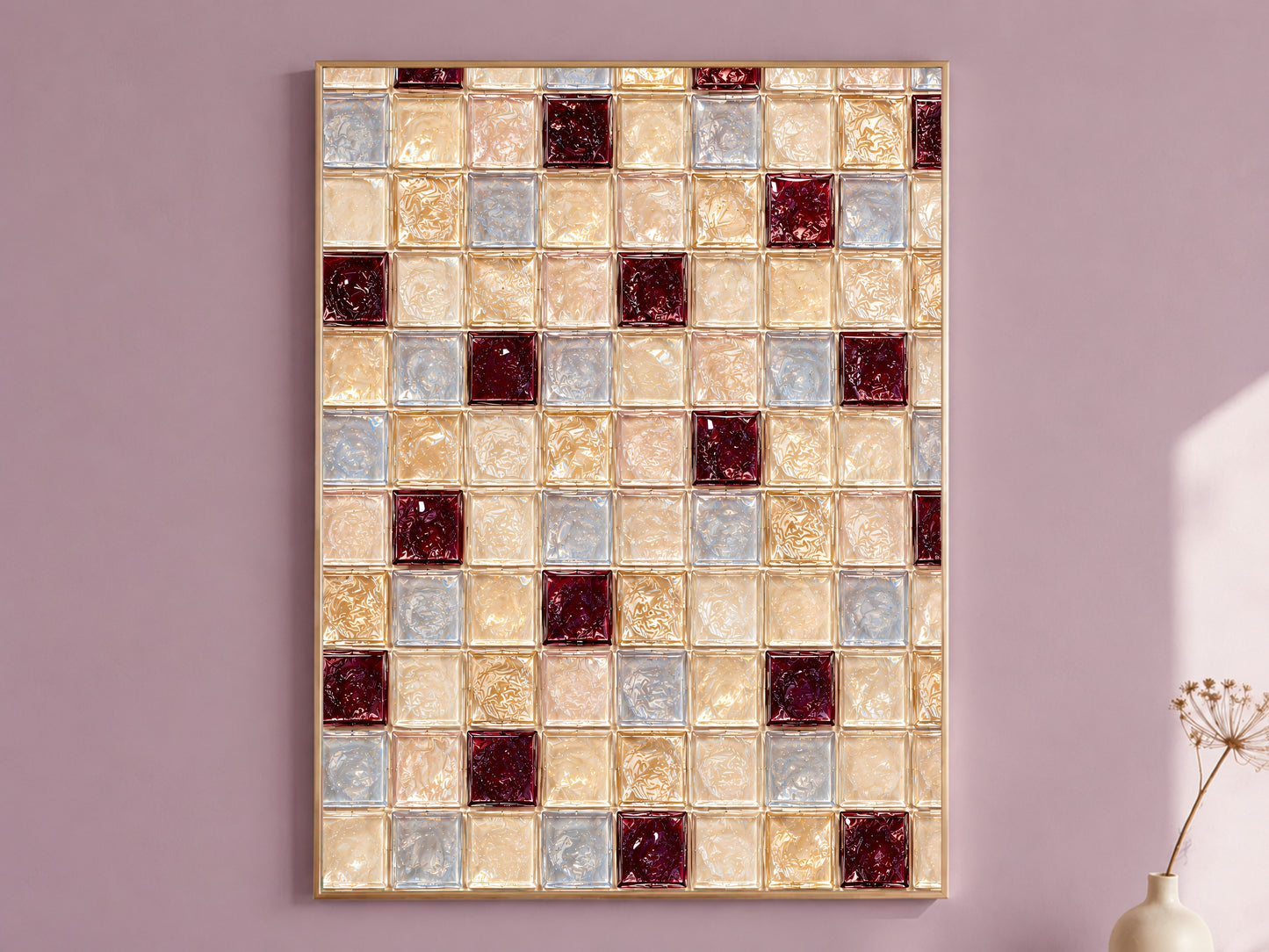 Burgundy checkerboard glass tile wall art in a gold frame on a mauve bedroom wall