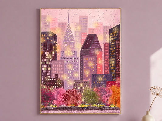 Pink New York City Art Print, Rainy Day NYC Skyline Illustration with Yellow Taxis, Whimsical Gouache Style City Decor, Digital Download