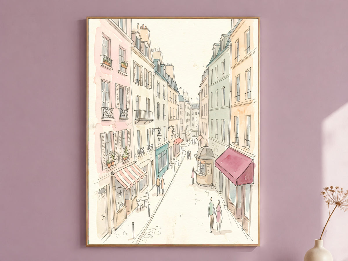 Paris Street Watercolor Print, Pastel Parisian Cafe Scene, French Wall Art, Printable Digital Download