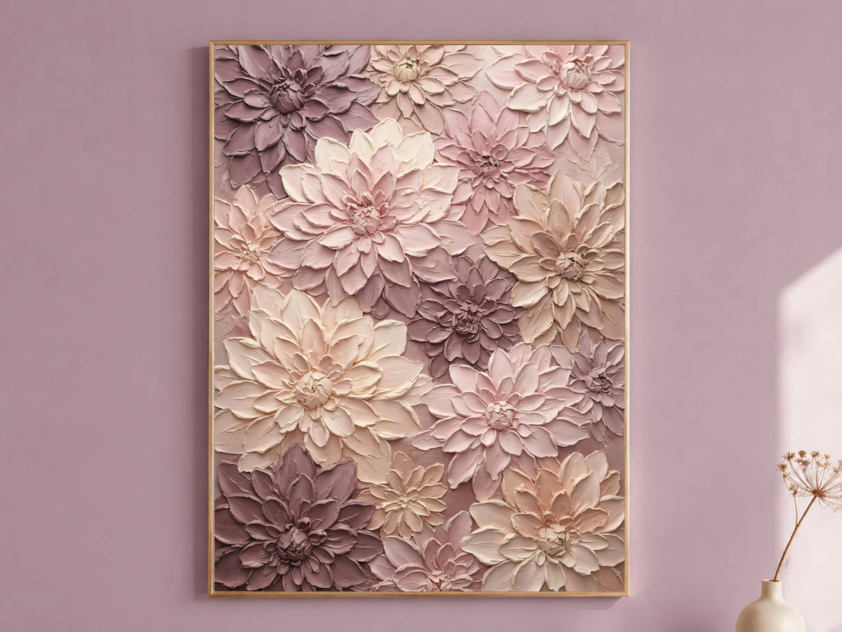 Pink Dahlia Painting Print, Textured Mauve Floral Wall Art, Blush Impasto Flower Art, Printable Digital Download