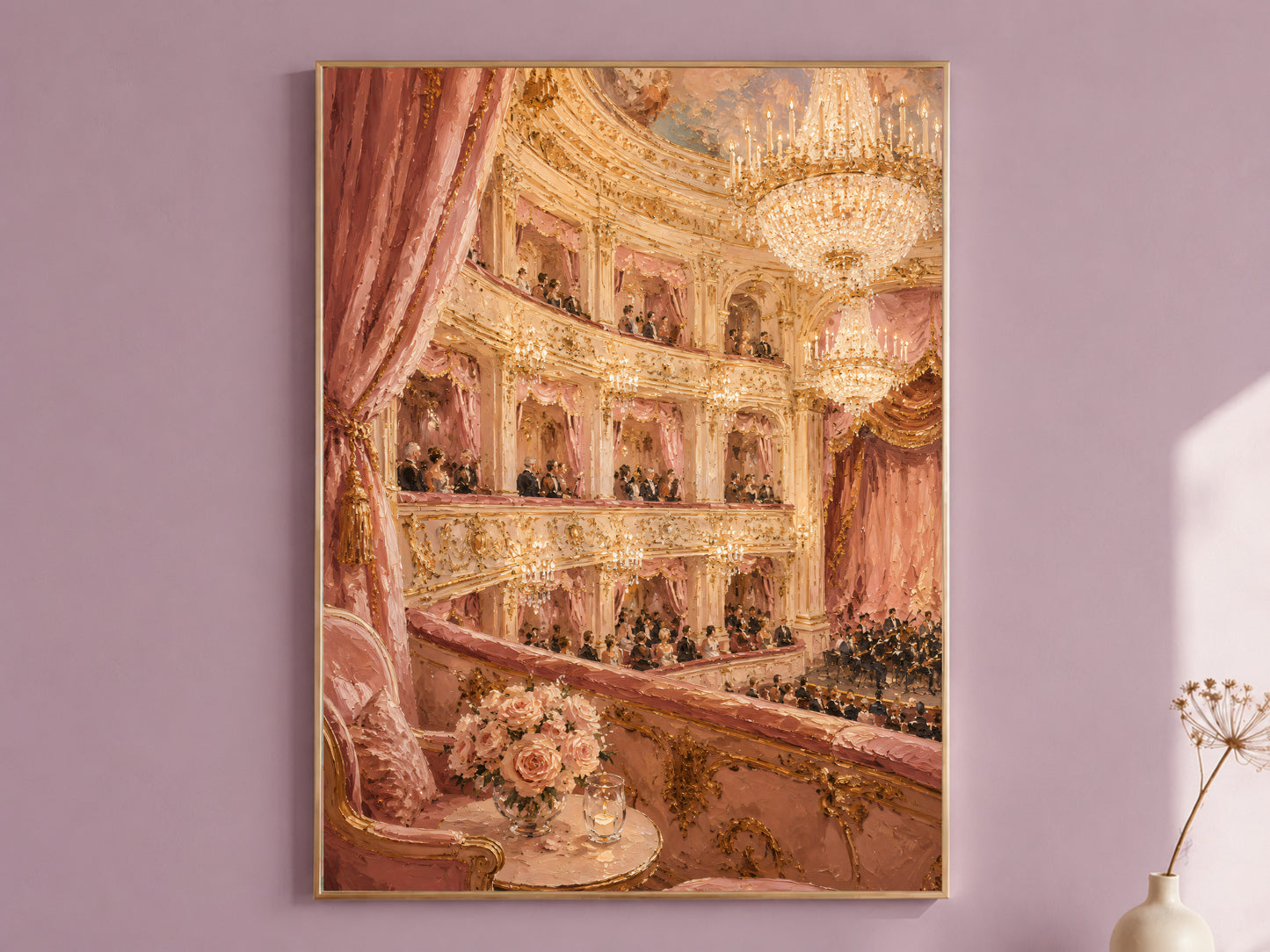 Opera house painting print in gold frame on mauve wall, pink and gold regencycore wall art