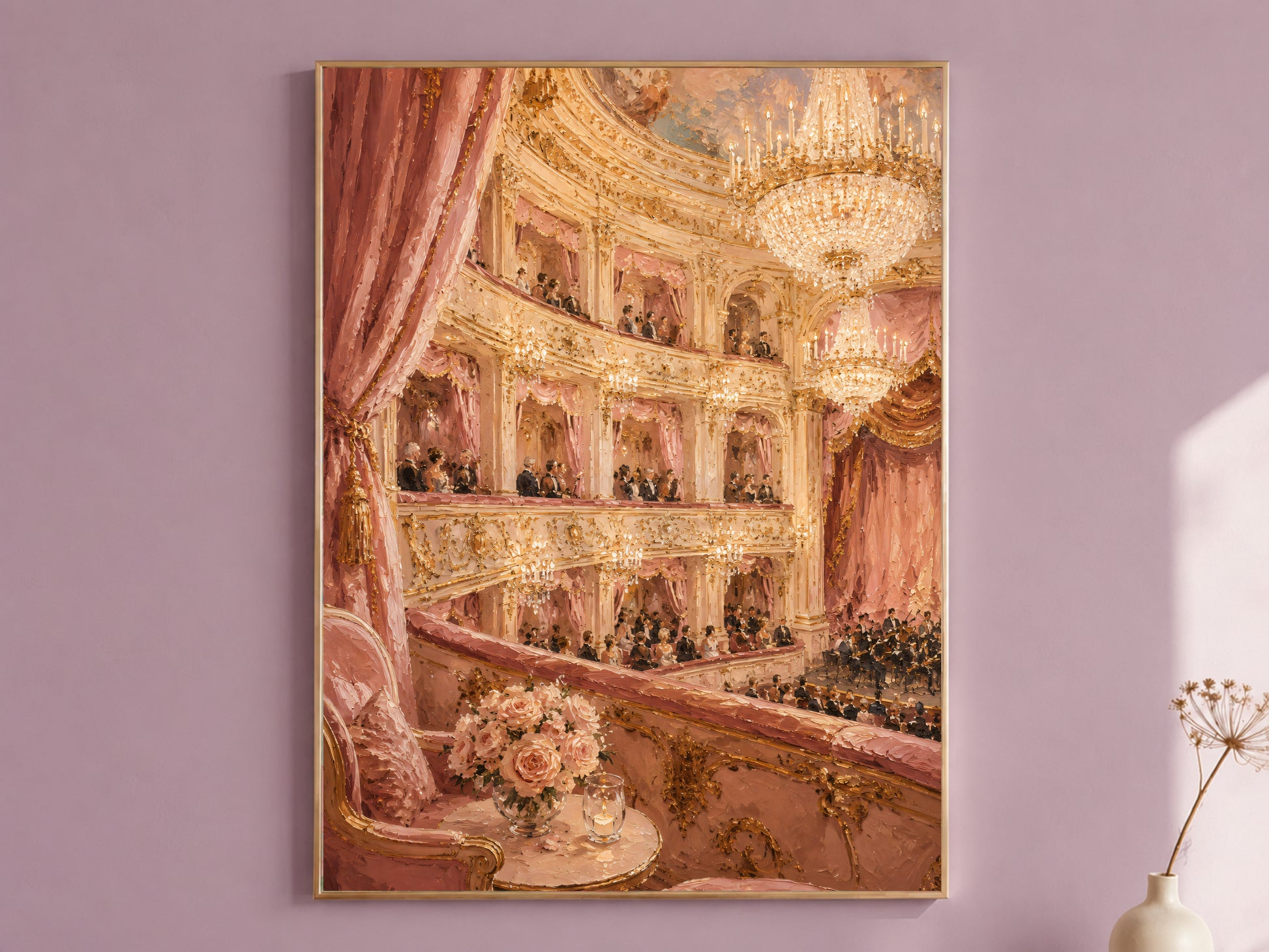 Opera house painting print in gold frame on mauve wall, pink and gold regencycore wall art