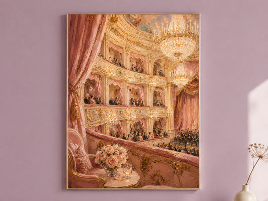 Opera house painting print in gold frame on mauve wall, pink and gold regencycore wall art