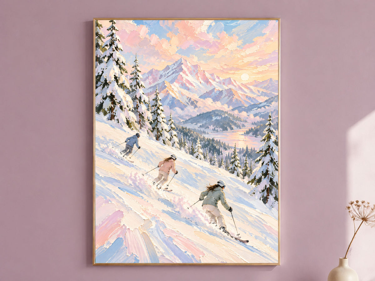Ski Mountain Wall Art, Impasto Oil Painting Print - Digital Download