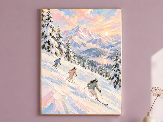 Ski Mountain Wall Art, Impasto Oil Painting Print - Digital Download