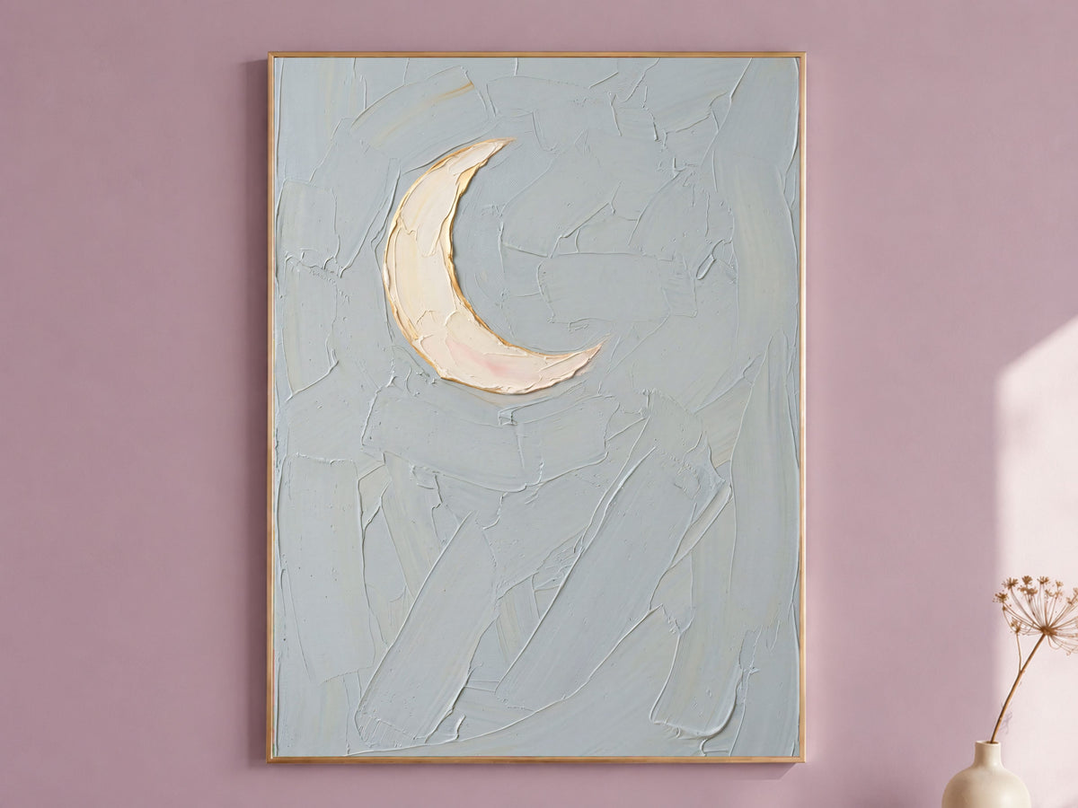 Minimalist Moon Wall Art, Impasto Oil Painting Print - Digital Download