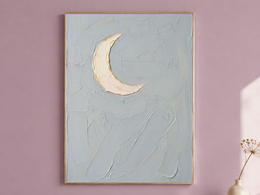 Minimalist Moon Wall Art, Impasto Oil Painting Print - Digital Download