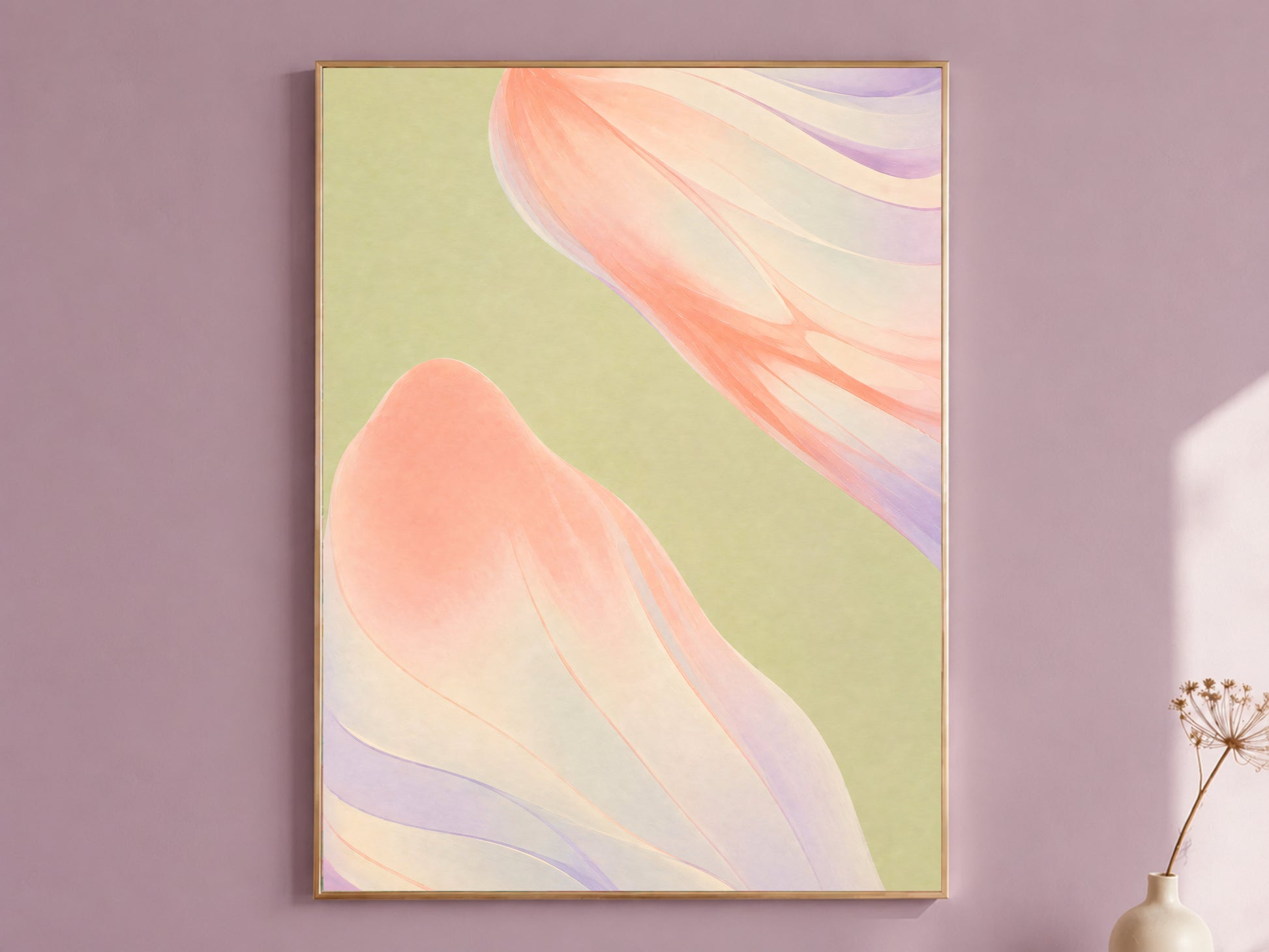 Sage green coral abstract wall art print in a gold frame on a mauve wall, digital download
