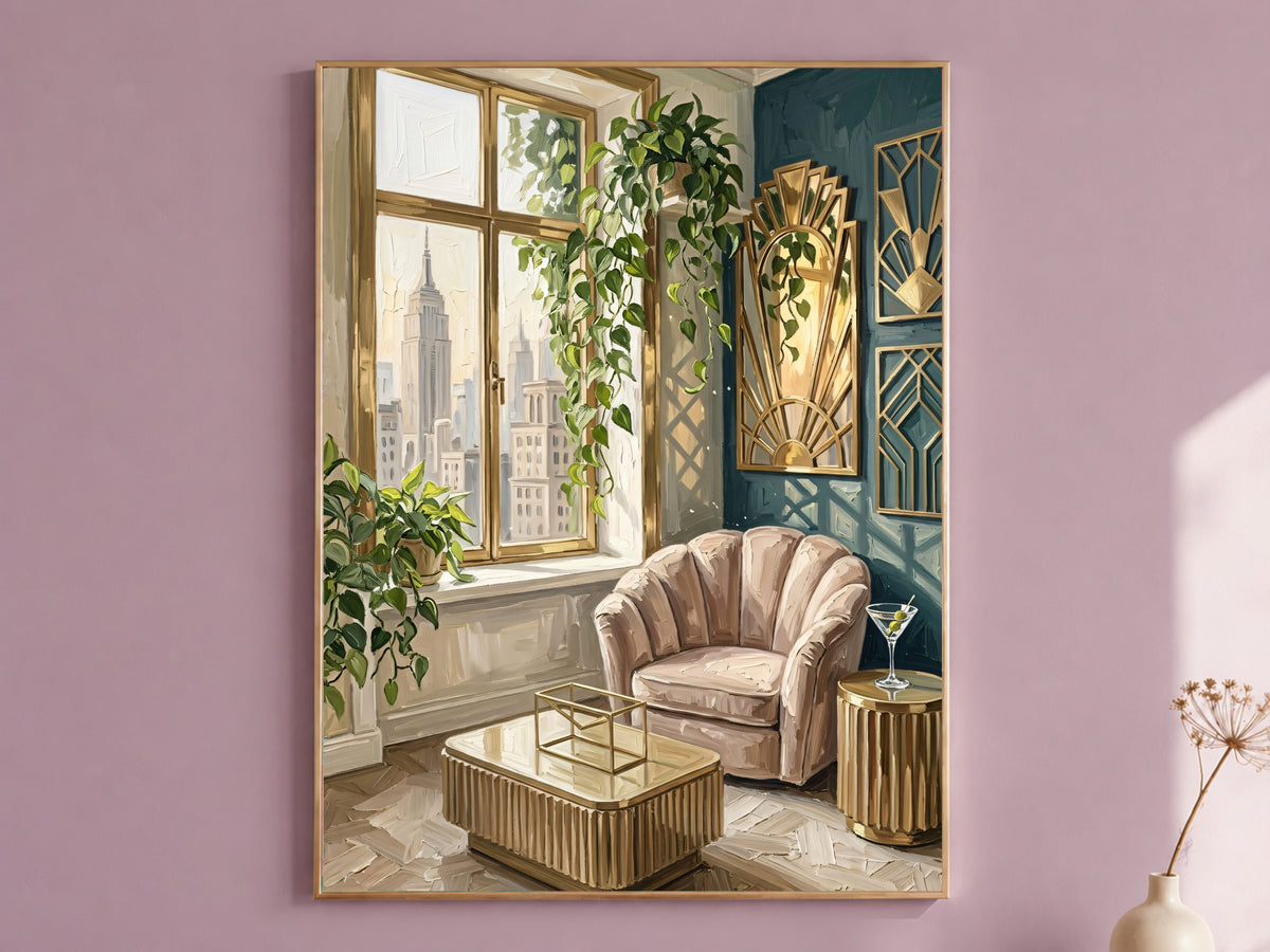 Art Deco NYC Apartment Print, Hollywood Regency Wall Art - Digital Download