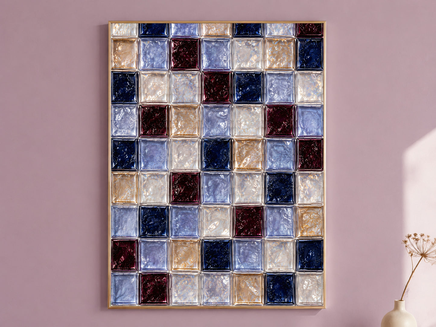 Navy and burgundy glass tile wall art in a gold frame on a mauve wall