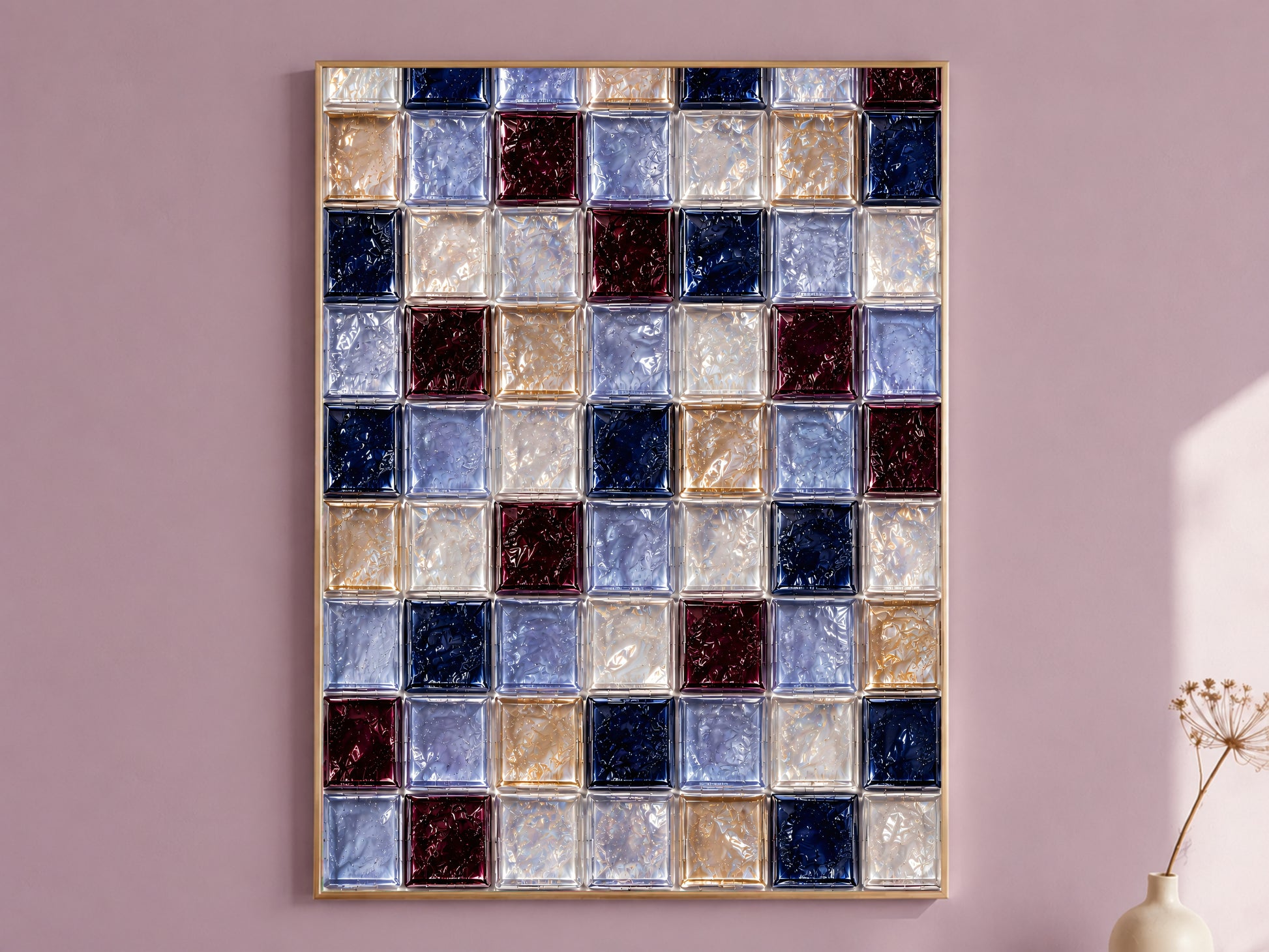 Navy and burgundy glass tile wall art in a gold frame on a mauve wall