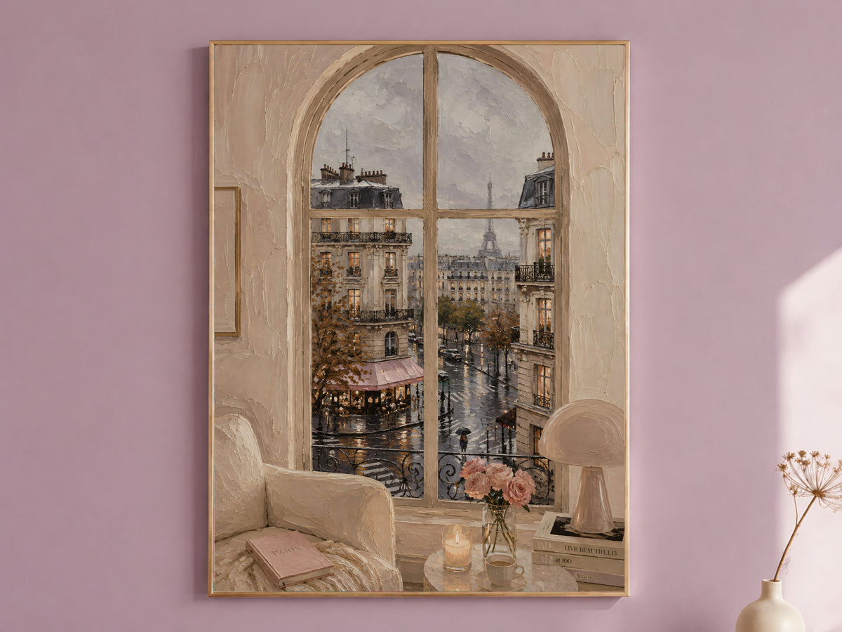 Paris Window Wall Art, Rainy Eiffel Tower View Print - Digital Download