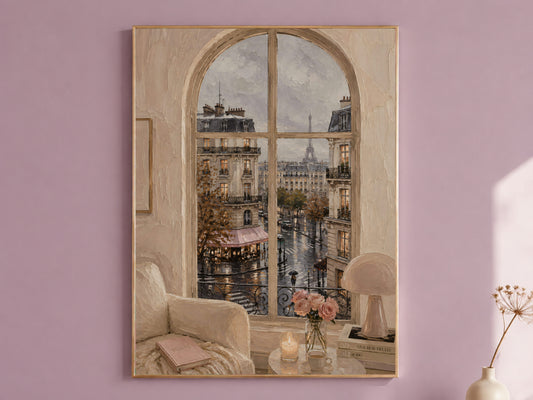 Paris Window Wall Art, Rainy Eiffel Tower View Print - Digital Download