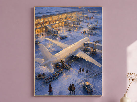 Framed snowy airport painting on mauve wall, jumbo jet on tarmac at dusk