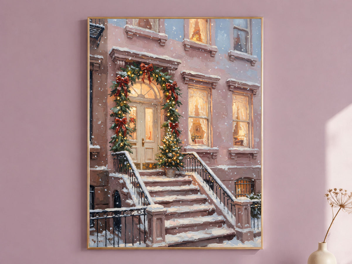 Brownstone Christmas Wall Art, NYC Stoop Print - Digital Download