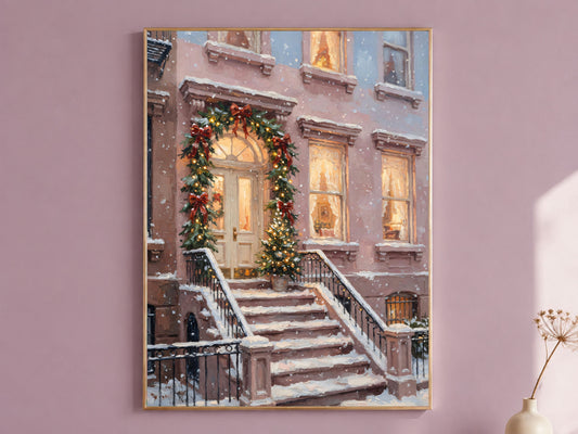 Brownstone Christmas Wall Art, NYC Stoop Print - Digital Download