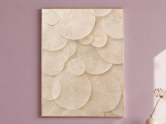 Capiz shell circle wall art framed in gold, displayed on a dusty mauve wall with a dried flower stem